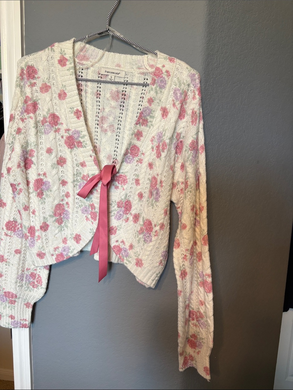 Francesca's Collections Cream Floral Tie-Front Cardigan with Pink Accents